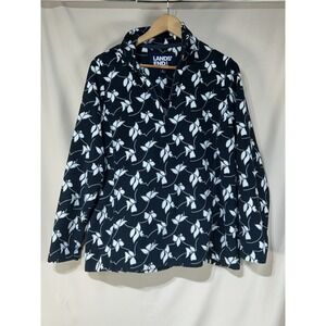 Lands End Fleece Jacket Women's Large Navy with White Flower Print Light Weight